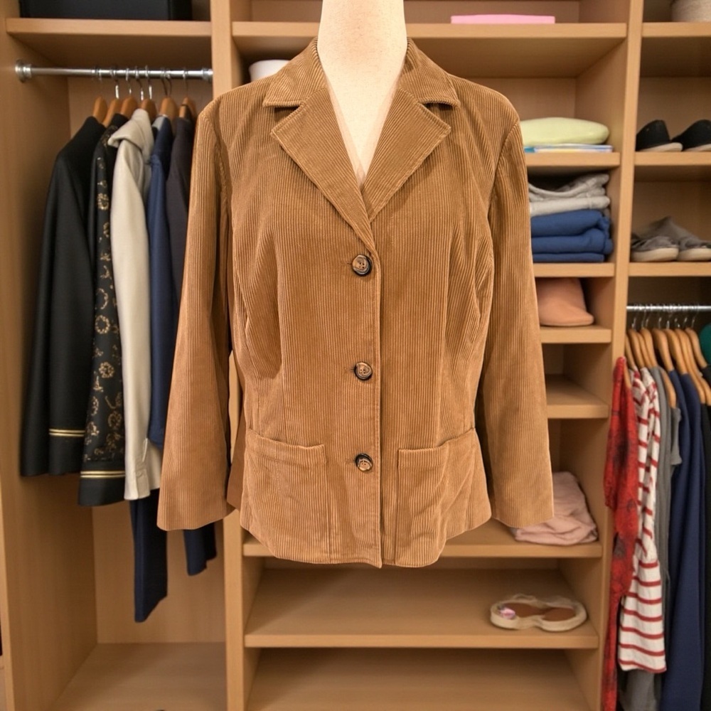 Liz Claiborne First Issue Corduroy Blazer Tan Brown Button Front Jacket Women 1